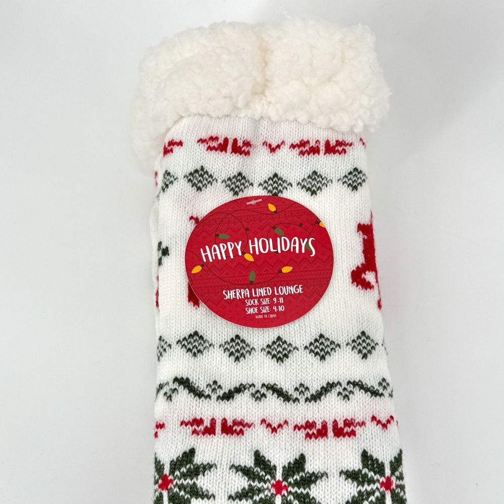 Happy Holidays Sherpa Lined Lounge Sock Women 9-11 Cozy Christmas Deer Snowflake - Picture 7 of 12